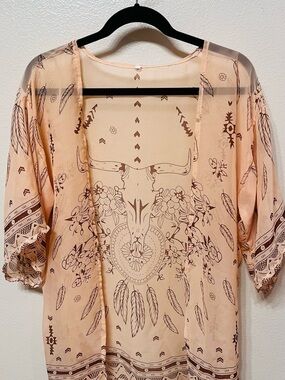 Sheer Peach Boho Kimono Cardigan with Western Skull Print